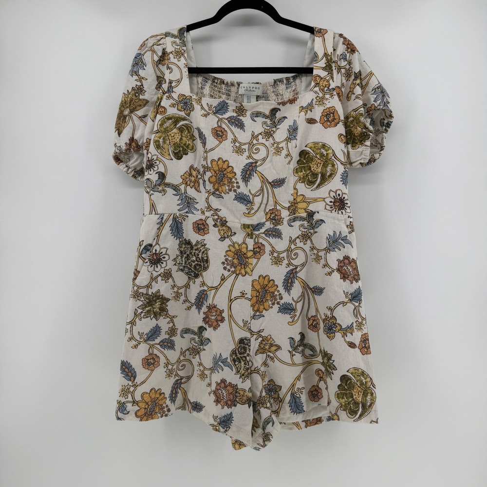 Calypso St. Barth Cream Floral Square-Neck Short Jumpsuit